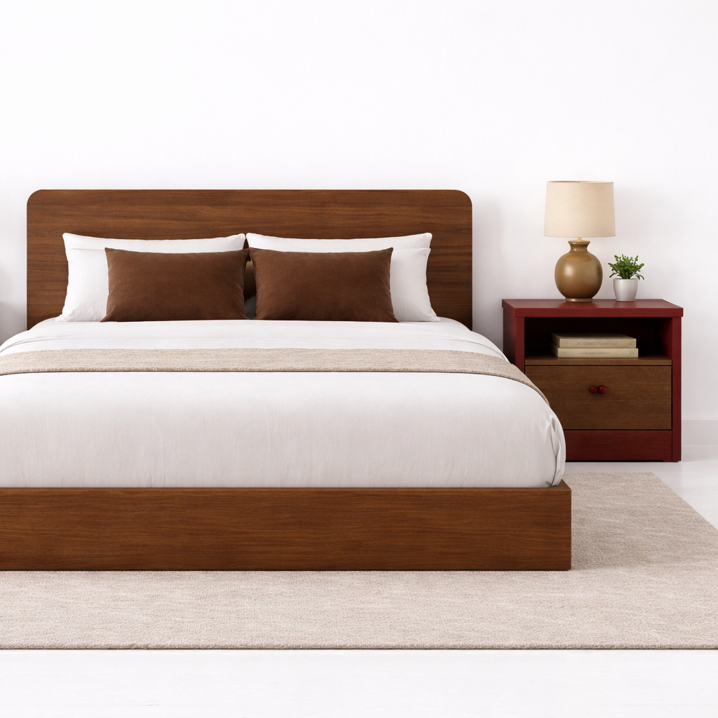 Modern plywood bed by RISA with side table in bedroom