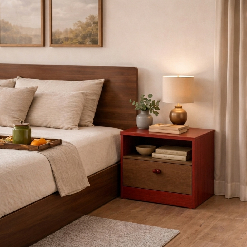 Modern plywood bedside table by RISA next to bed in bedroom