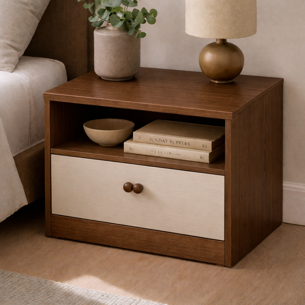 Modern plywood bedside table with white drawer by RISA