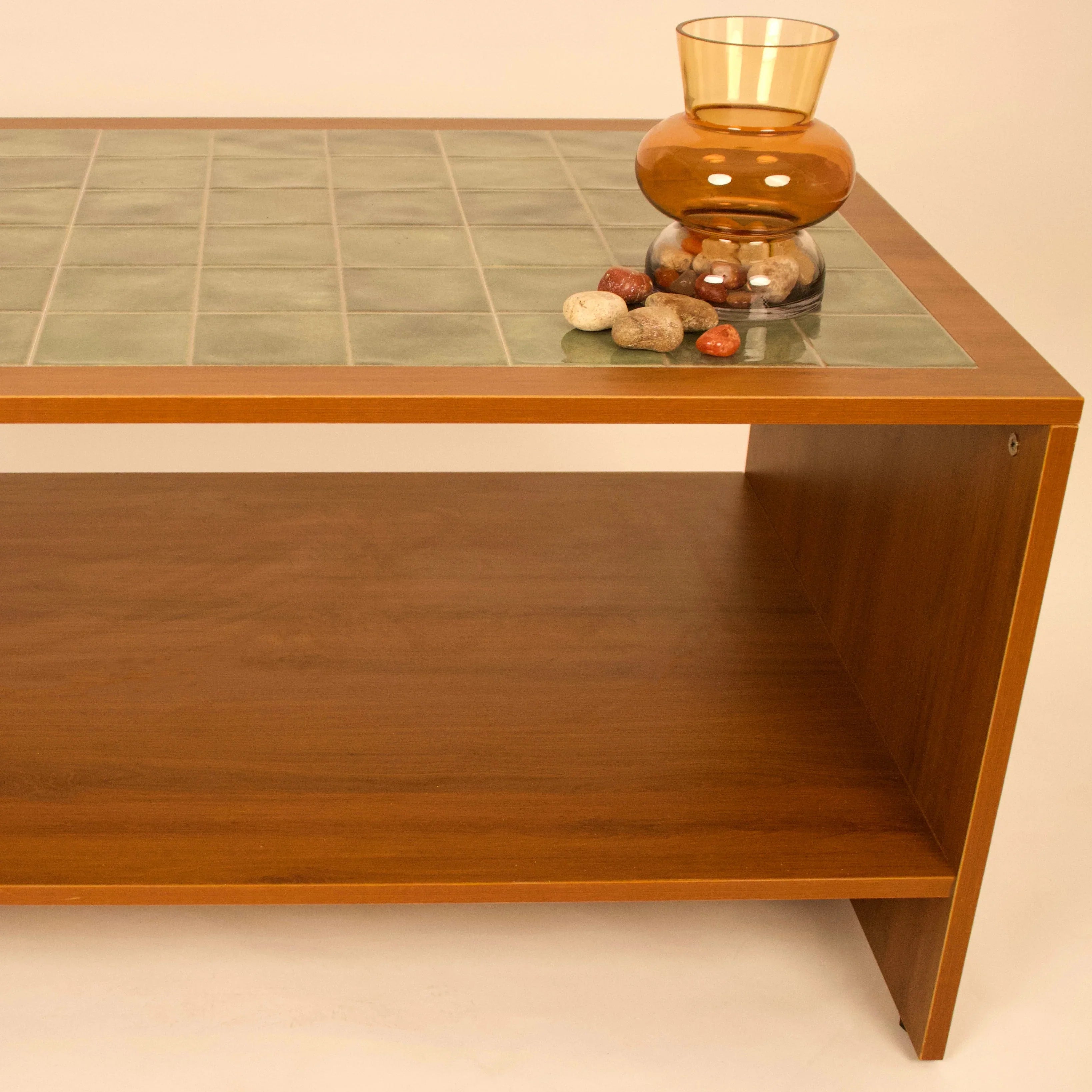 Modern wooden coffee table with tiled top and shelf by RISA