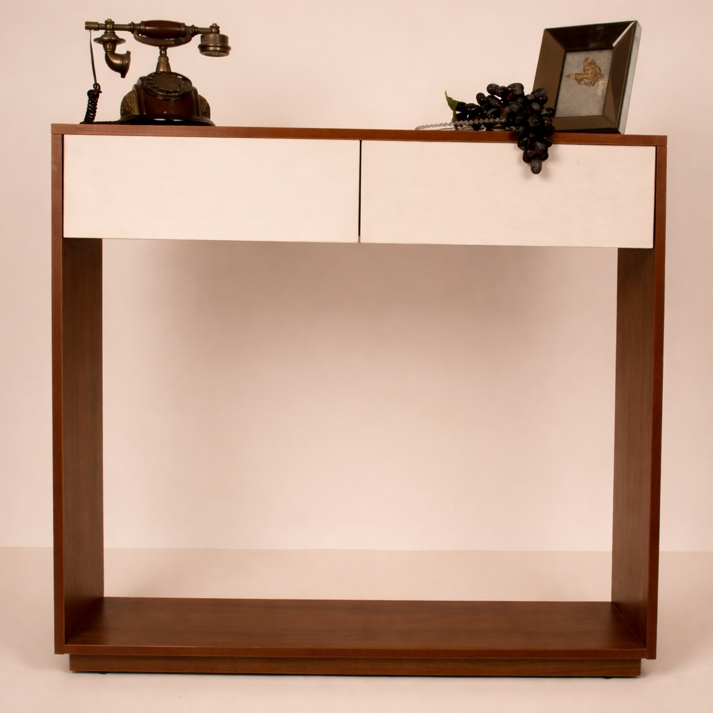 Modern wooden console table with white drawer storage by RISA