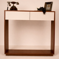 Modern wooden console table with white drawer storage by RISA