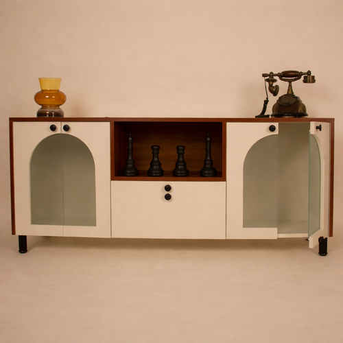 Modern wooden TV unit with glass doors and storage cabinets by RISA