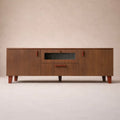 Modern wooden sideboard with red knobs and central glass panel on a beige background
